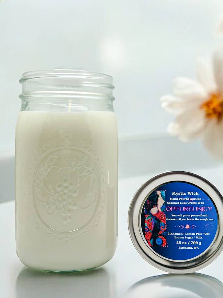 Gekruide havermelk - (Opportunity) Abrikoos-/kokoswas - Mason Jar Candle 25 oz. voor wholesale door Mystic Wick LLC