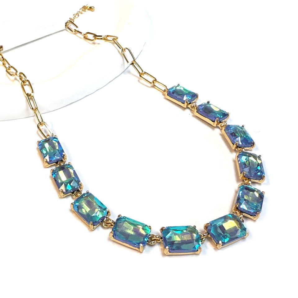 StarryNYC - Wholesale Link & chain necklace - Rectangle Crystal Glass Linked Statement Chain Necklace 24