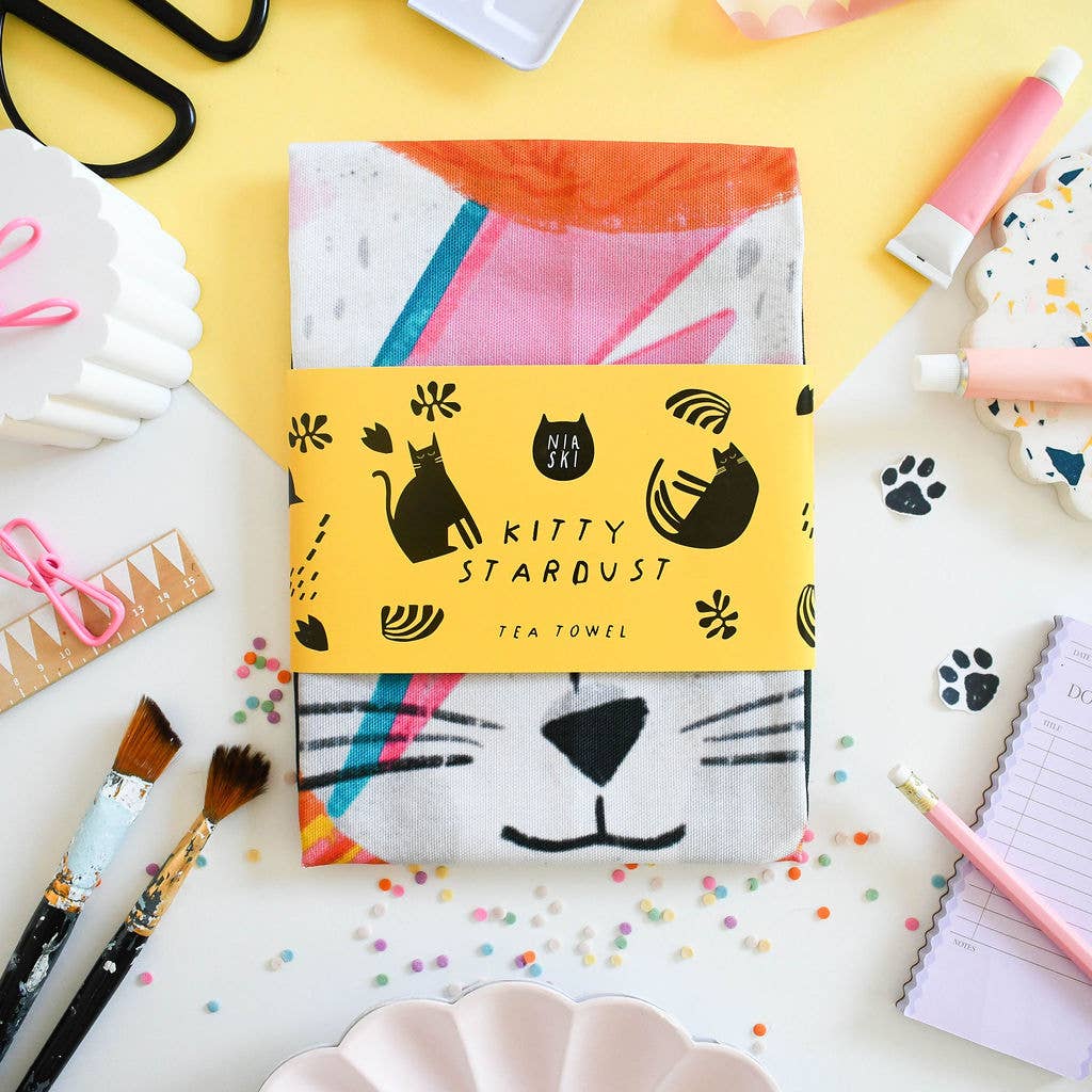 Niaski - Feline Fine Art (USA DUTIES PAID) – wholesale Tea towel – Kitty Stardust Cat Tea Towel3