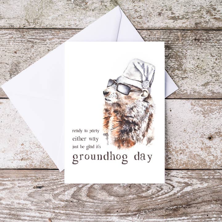 Groundhog Day Funny Card Punxsutawney Phil Watercolor for wholesale by Art Reflects Light