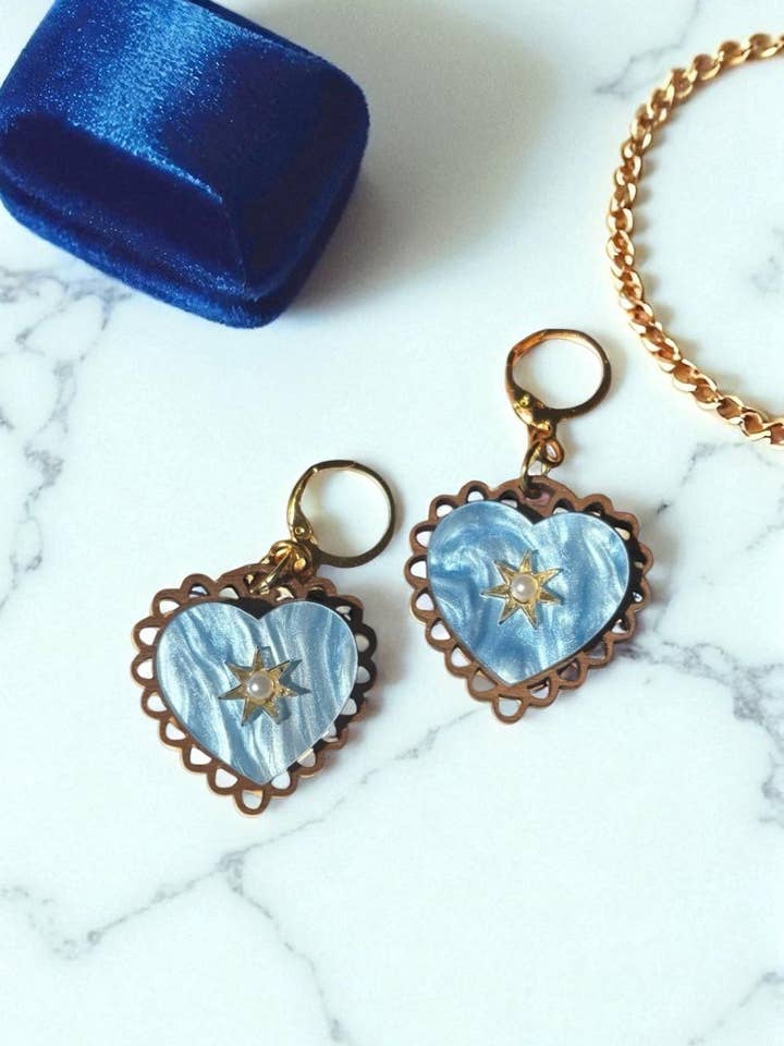 Rococo Blue Heart Earrings with Walnut Backing & Gold Star Detail – Acrylic Hoop Jewellery for wholesale by Squishy Jewellery