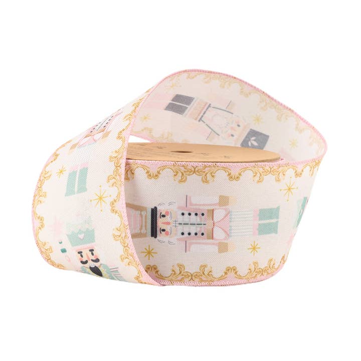 LA Ribbons Wholesale - Vente Ruban – emballage cadeau - Ruban câblé 2 1/2" | Casse-noisette rose sur fond blanc | Bobine de 10 yards0