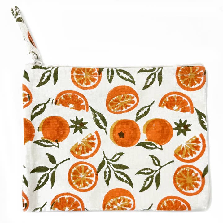 Handcrafted Canvas Pouch with Block-Printed Oranges for wholesale by Anju Jewelry