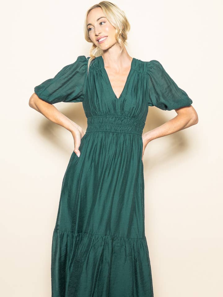 Elloh Collection - Wholesale Dress - Women's - Elegant Puff Sleeve V-Neck Dress with Lining2