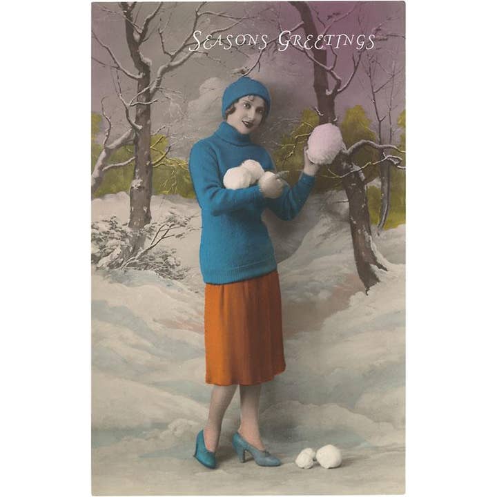 Postcard MC-146 Seasons Greetings, Woman with Snowballs for wholesale by Found Image Press