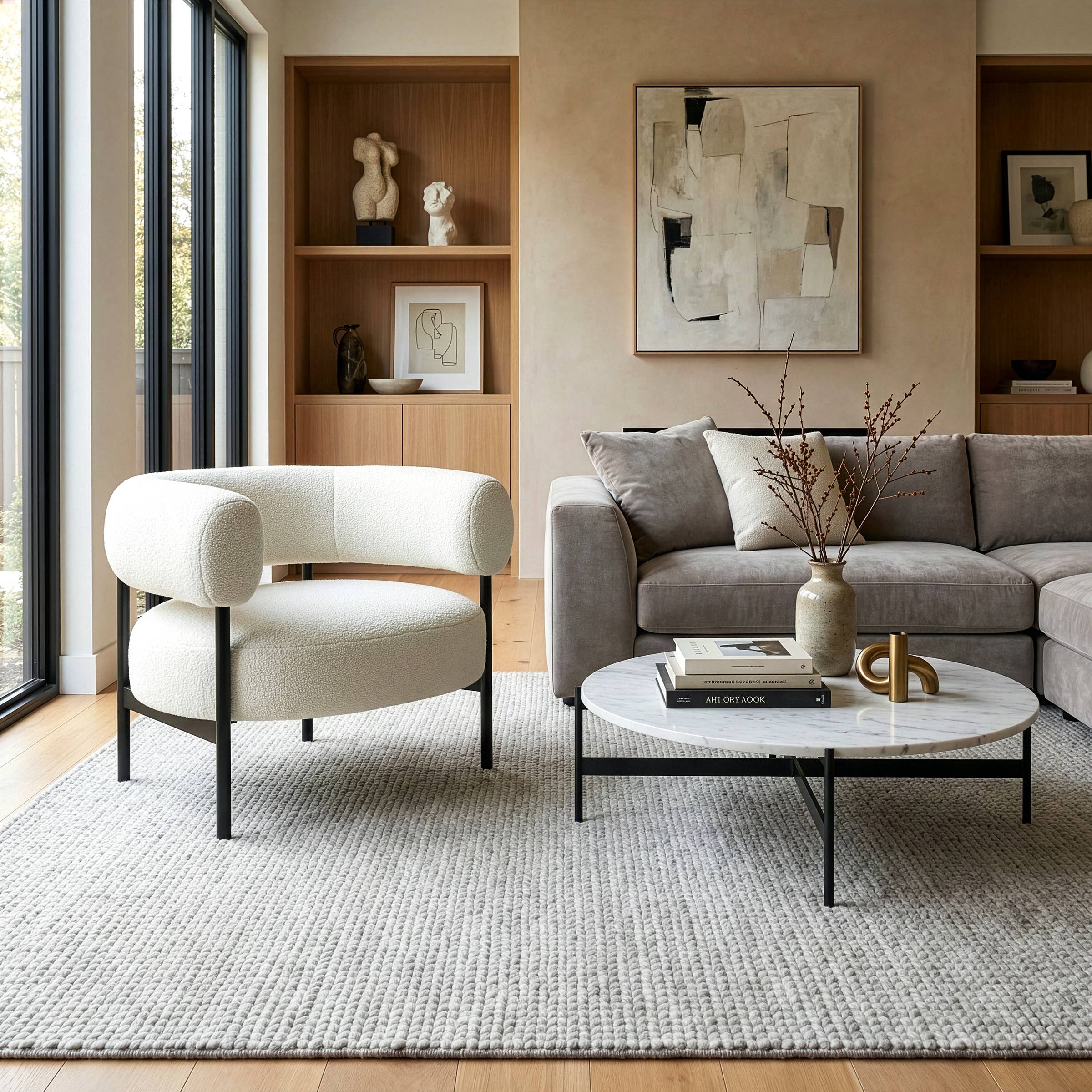 Glamour Home - Vente Chaises - Fauteuil d'appoint Ayuka en tissu bouclé blanc avec pieds en fer noir