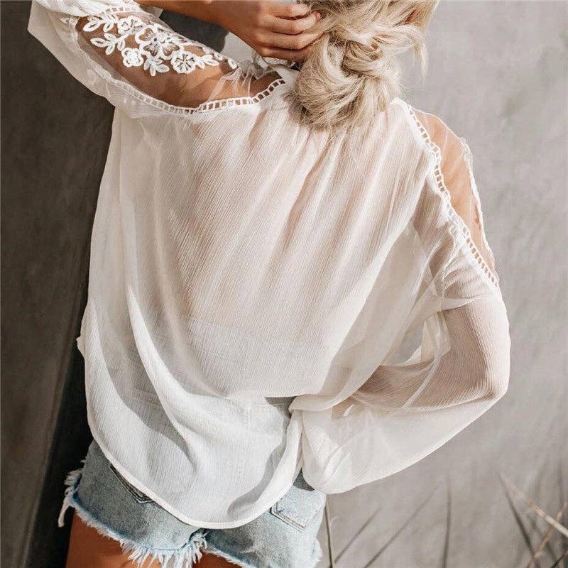 ShieldChic - Wholesale Blouse - Women's - Loose Plain Hollow Long Sleeve Chiffon Blouse6