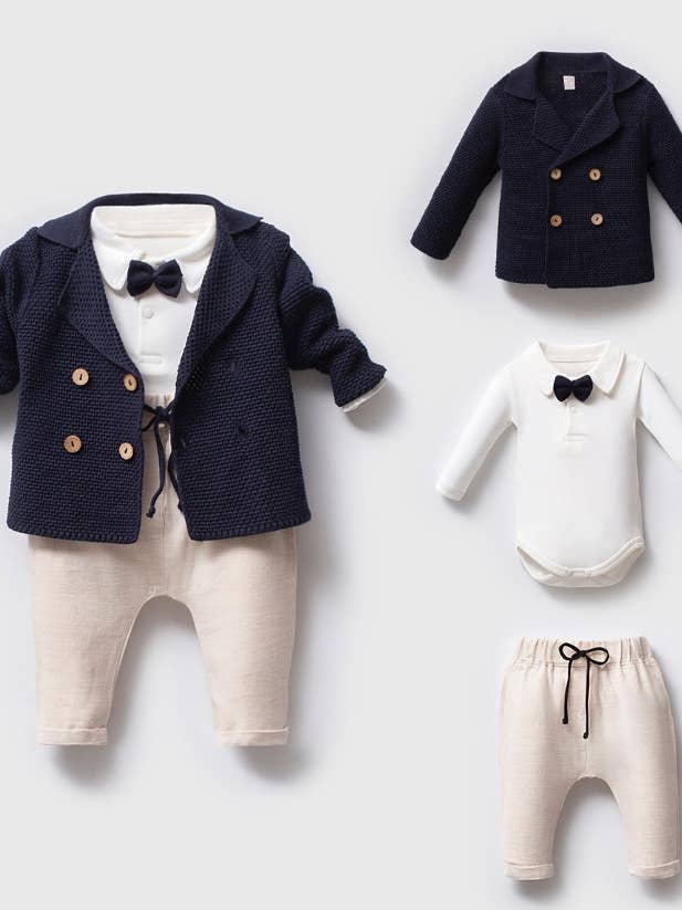 Nipperland - Wholesale Clothing Set - Baby - Knit Baby Boy Outfit – Cotton Linen Pants Set with Bow Tie 3