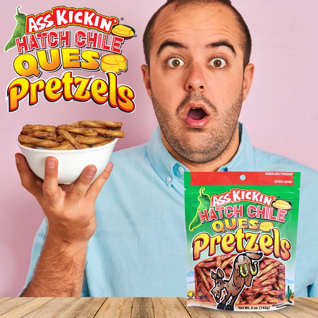 Southwest Specialty Food - Wholesale Pretzels - Ass Kickin' Hatch Chile Queso Pretzels, 5 oz Resealable Bags6