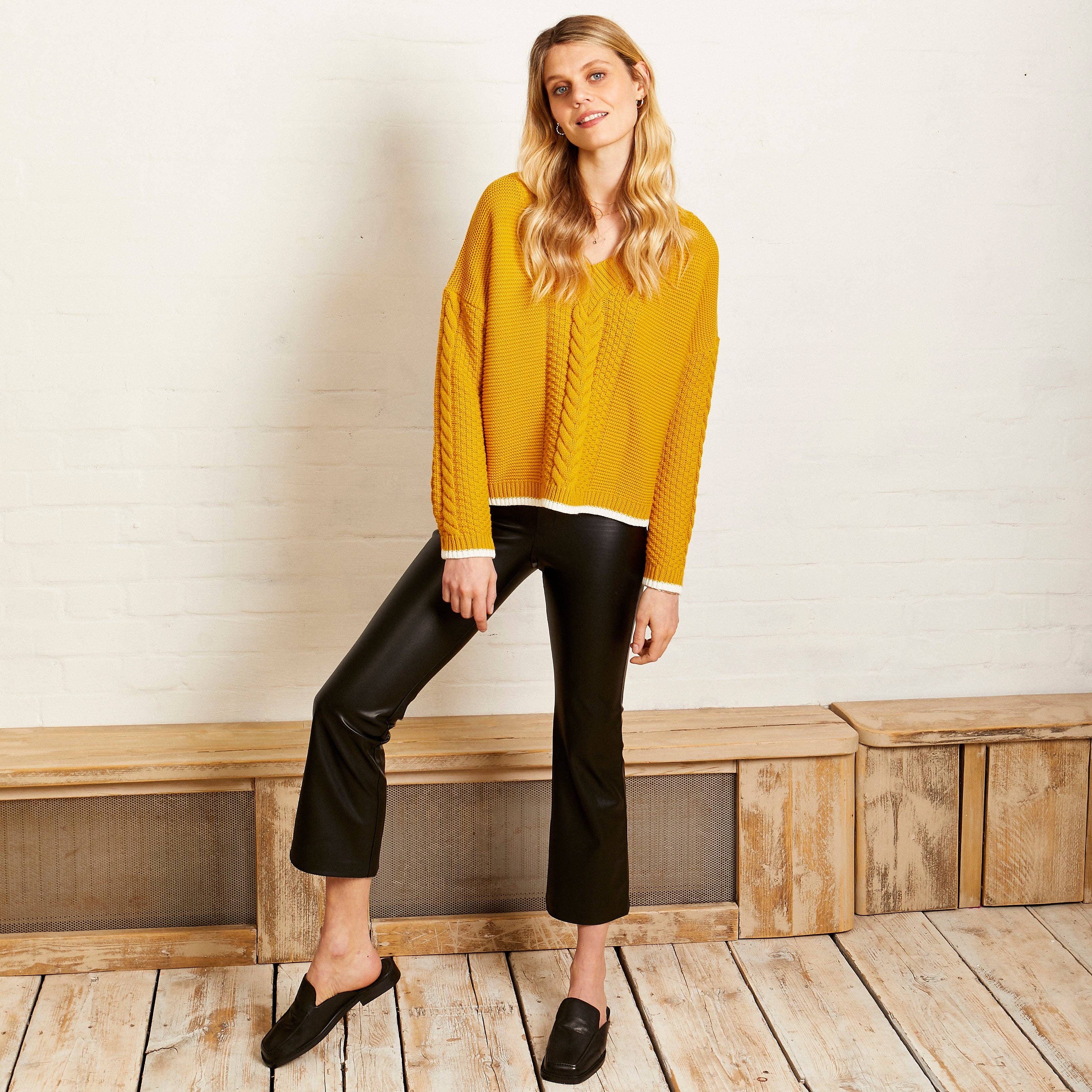 Emma V Neck Cable Jumper - Mustard for wholesale on Faire7