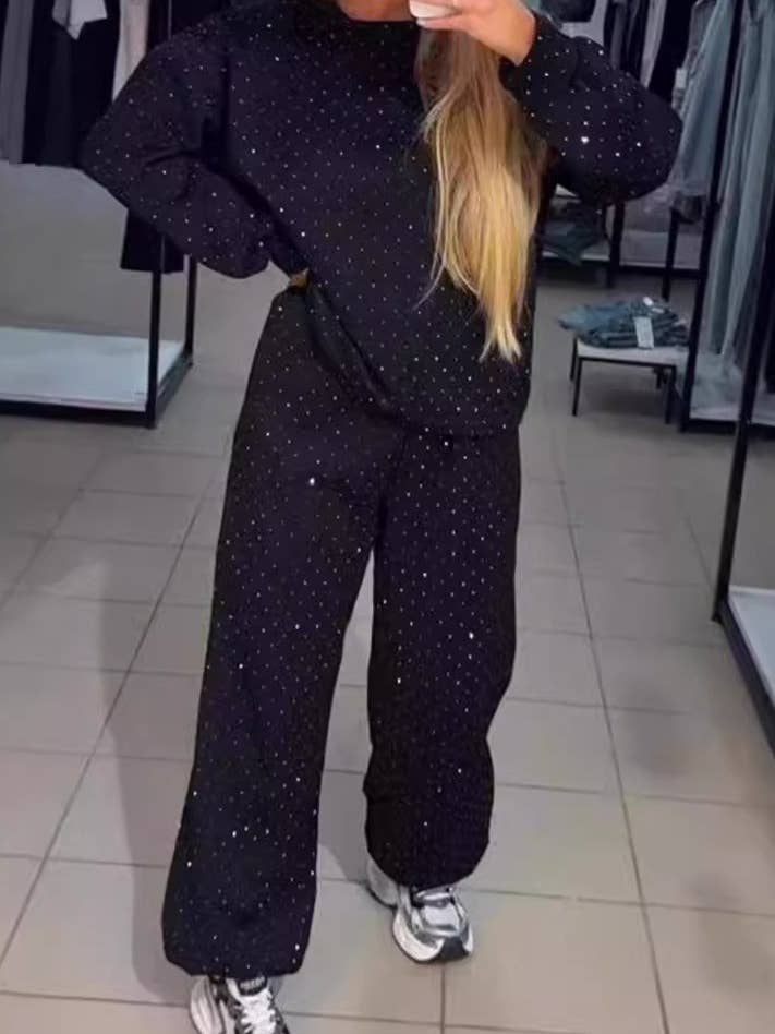 Rosa Clothing - Wholesale Top & Pant Set (NOT Loungewear) - Women's - Allover Rhinestone sweatshirt wide leg Leisure set