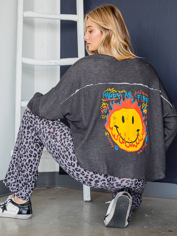 SMILE PRINT FLEECE SWEATSHIRT TOP KRT1583-1 for wholesale by JADE BY JANE
