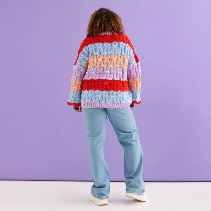 Cara & The Sky – wholesale Knitted jumper – Women′s – Mandy Criss-Cross Stitch Balloon Sleeve Stripe Jumper - Orange9
