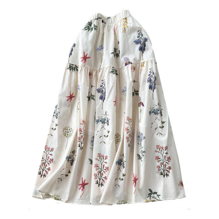 Jupe midi imprimée à fleurs sauvages en crème pour la vente par Last True Angel