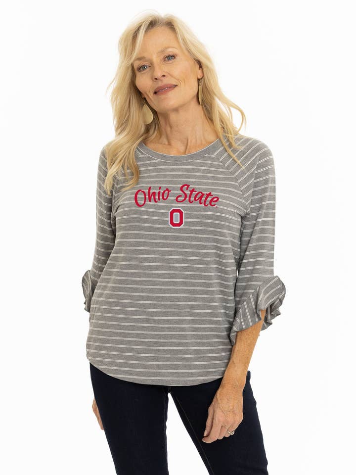 Ohio State Buckeyes Striped Renata Ruffle Top for wholesale by Flying Colors Apparel