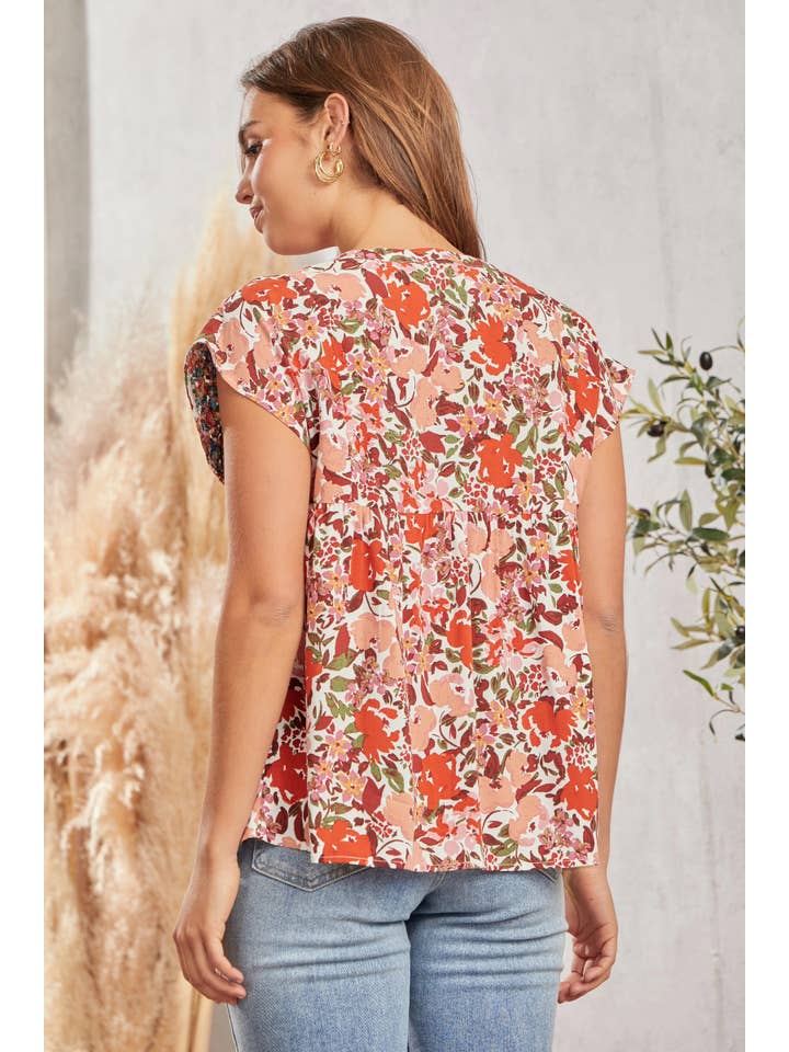 IVORY RUST Round Neck Printed Babydoll Top T12940-2 for wholesale on Faire