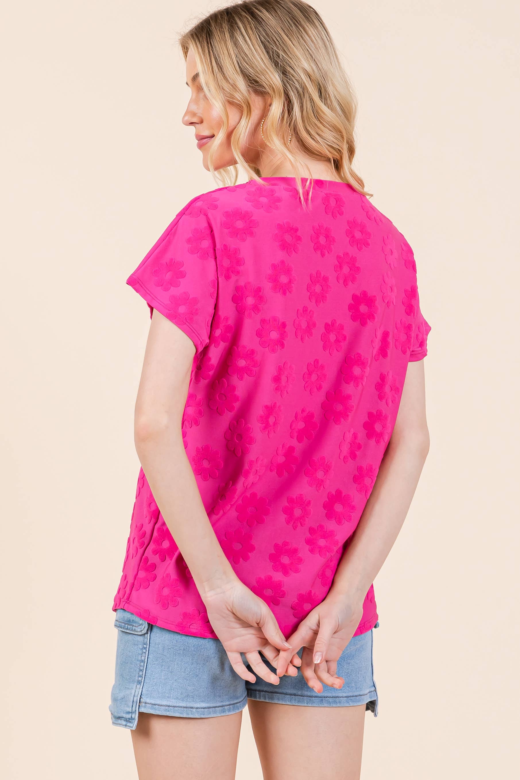 Fuchsia TA2216 TEXTURED FLORAL PATTERN TOP for wholesale on Faire9