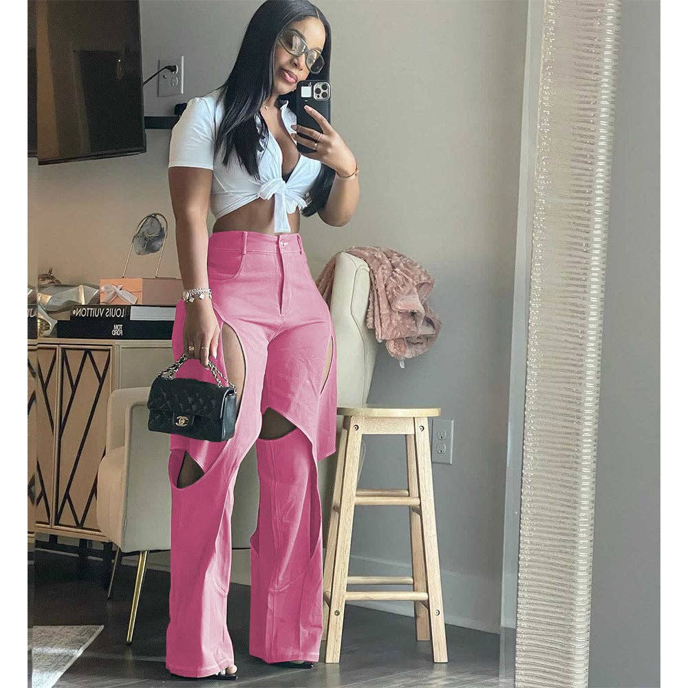 MB Fashion Wholesale - Wholesale Pants - Women's - MB FASHION STRAIGHT LEG HIGH WAIST CUTOUTS PANTS  9127LY9