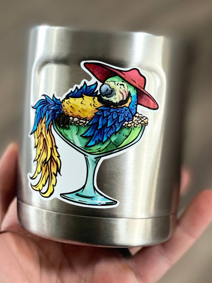 Macaw Margarita Sticker! for wholesale by Guerdrum Art