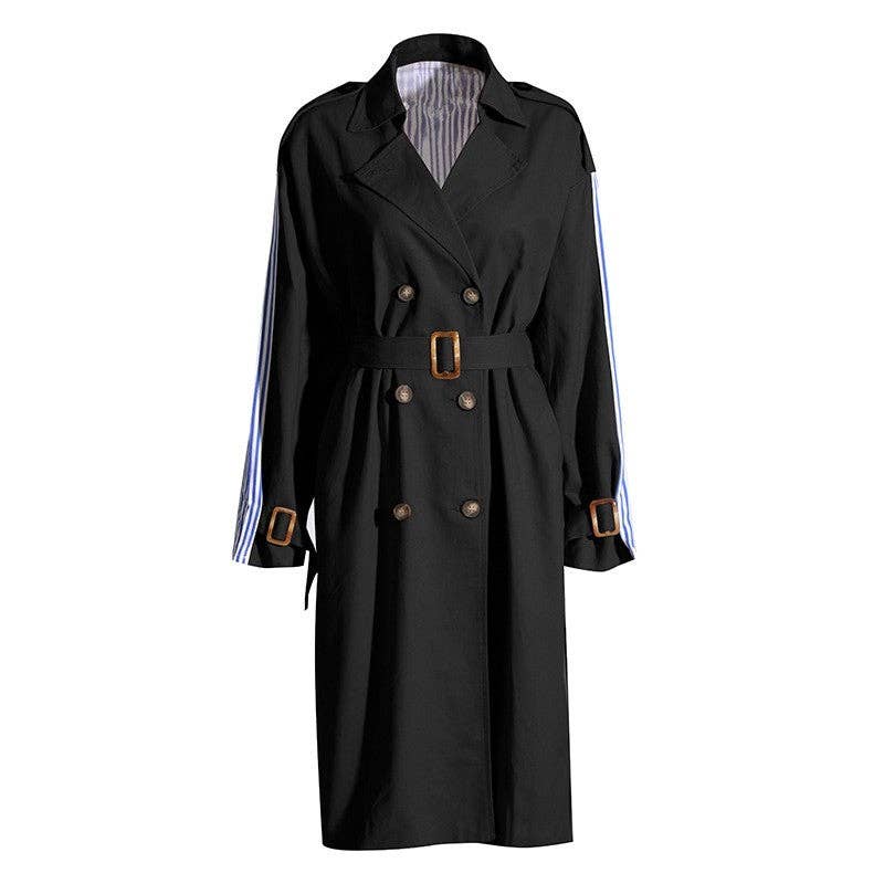 BLACK Knee Length Color Block Trench Coat for wholesale on Faire1