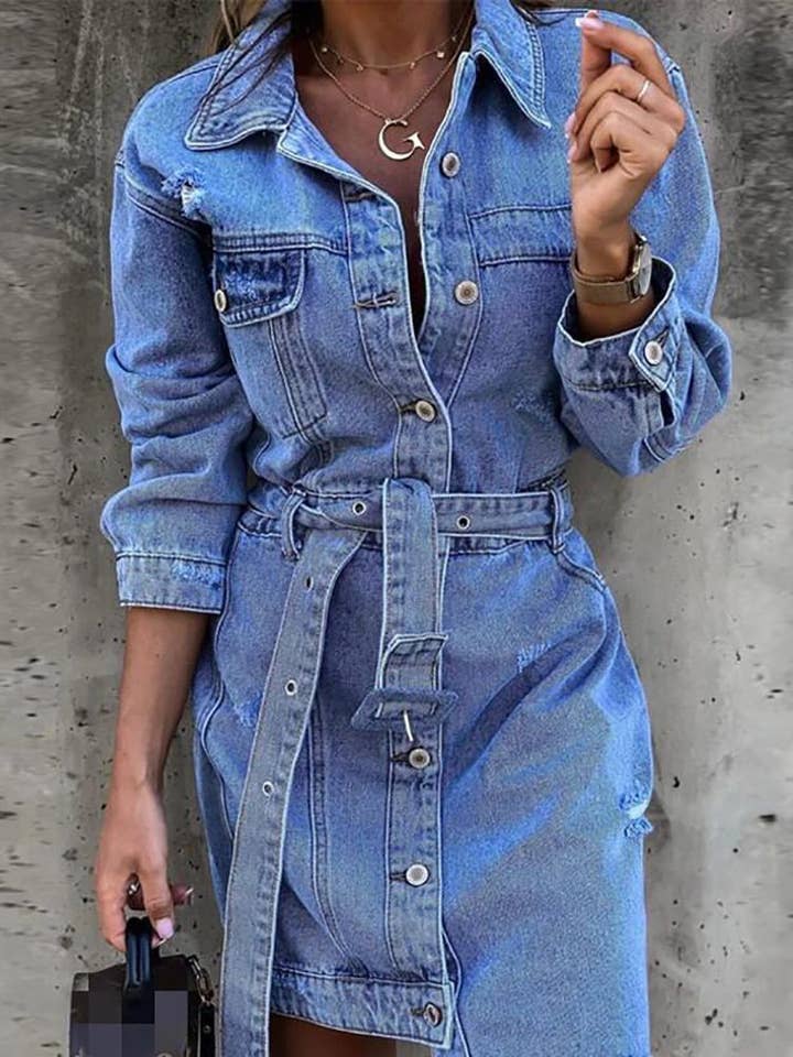 Default Title Turn-Down Collar Full Sleeve Denim Dress for wholesale on Faire5