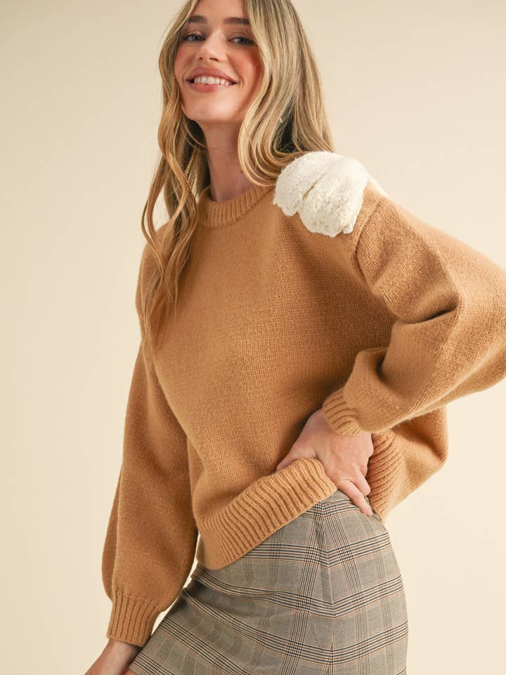 PUFF SLEEVE SWEATER WITH BOW DETAIL MSW10725 for wholesale by &MERCI