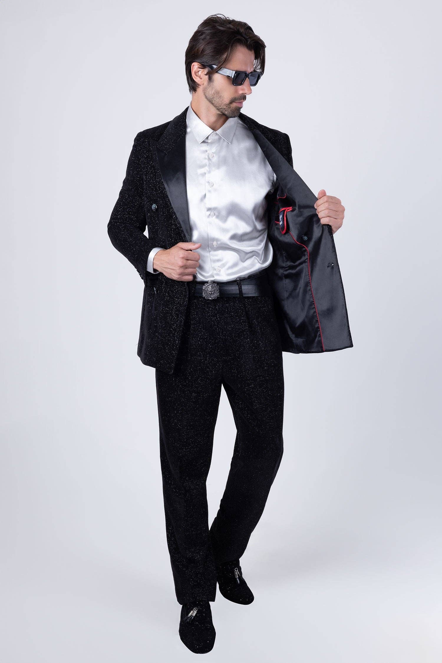 Black Black Men's Glitter Pattern Peak Lapel Suit Set 4SU22 for wholesale on Faire4