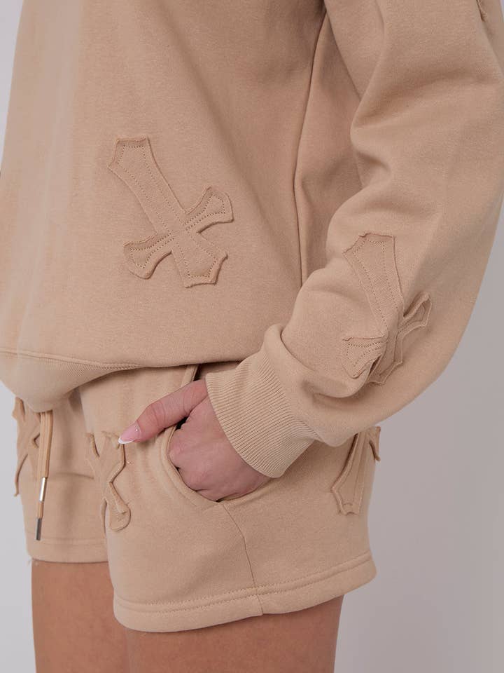 AX Labels - Wholesale Lounge Set - Women's - Crucifix Embroidered Sweatshirt & Shorts Fleece Co-ord29