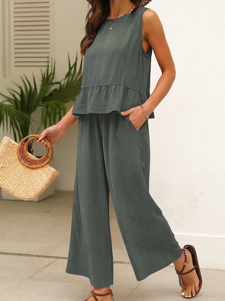 Solid Color Ribbed Ruffle Tank Top and Pants Set for wholesale by Secret Style Source