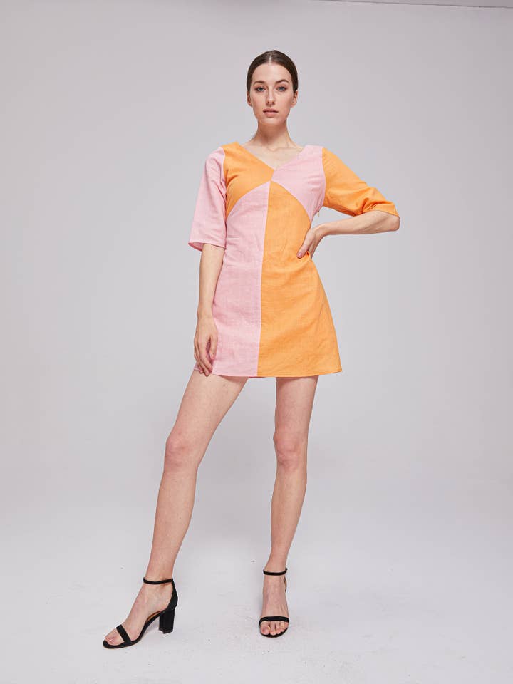 Penny Two-Tone Mini Dress - Pink/Orange for wholesale by THE 28TH ROSE