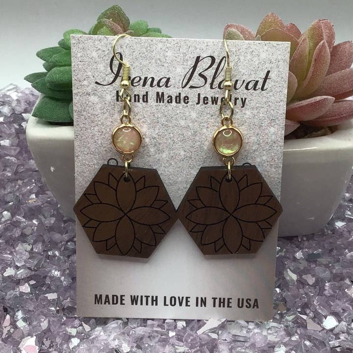 Hexagon Flower Wooden Earrings with Resin Light Pink Opal for wholesale by Irena Blavat Designs