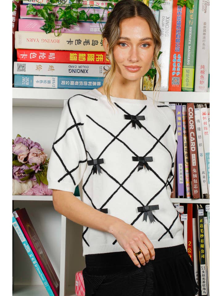 Cream Black Bow Detail Crew Neck Raglan Elbow Sleeve Knit SweaterVT82301 for wholesale on Faire