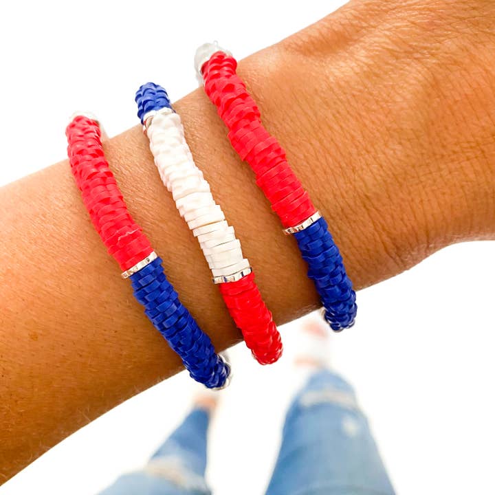 Pulsera Heishi del 4 de julio, color rojo, blanco y azul para venta al por mayor de Savvy Bling