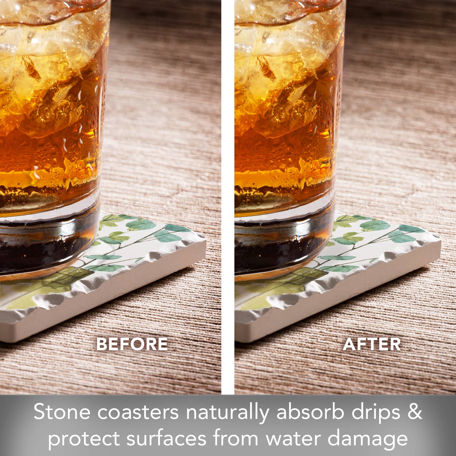 Conimar Promotions - Wholesale Coasters - Greenery 4-Pack Stone Coasters in Wooden Holder2