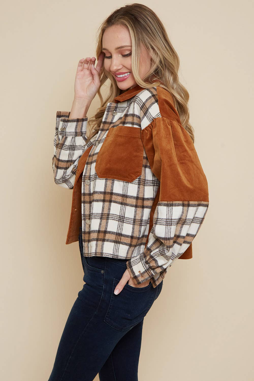 Saints & Hearts - Vente Veste-chemise – femme - VESTE MIXTE À CARREAUX ET VELOURS CÔTELÉ CAMEL SIJ5190A2