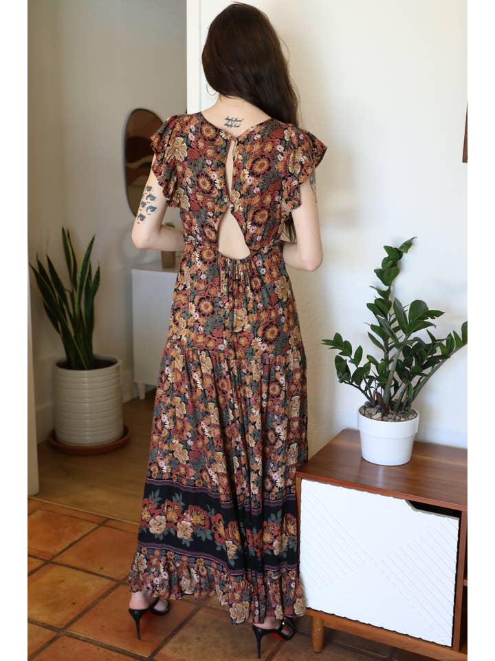 ANGIE - Wholesale Dress - Women's - F4G10-FQ54 V NECK OPEN BACK FLUTTER SLEEVE MAXI DRESS1