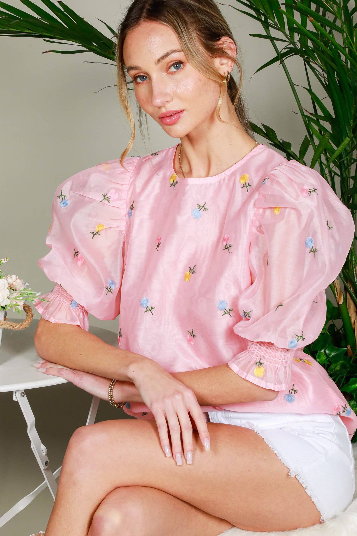 Vine & Love - Wholesale Blouse - Women's - Floral Embroidered Round Neck Organza Blouse Top VT82255-9