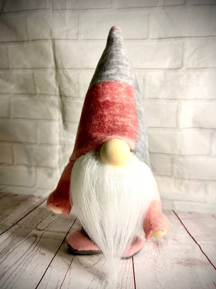 Handmade soft pink and grey checked Nordic Gnome for wholesale by Forever Gnomes UK Store