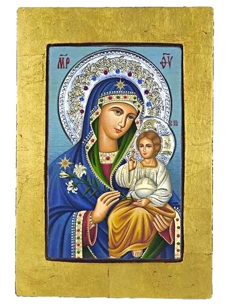 Virgin Mary Eternal Bloom Silk Screen Icon – Gold Frame, Eng for wholesale by The Art of the Icon