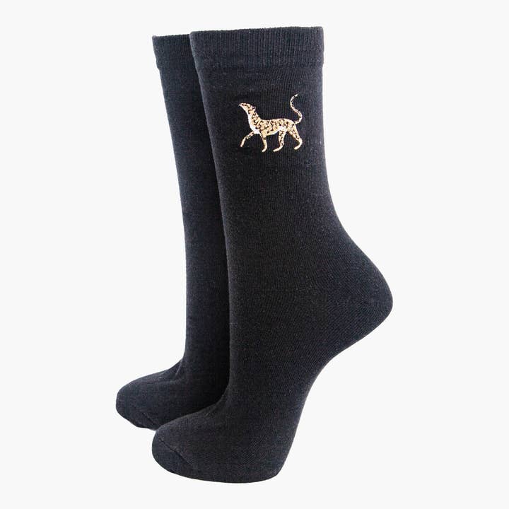 Women's Embroidered Ankle Socks- Black, Cheetah for wholesale by Sock Talk