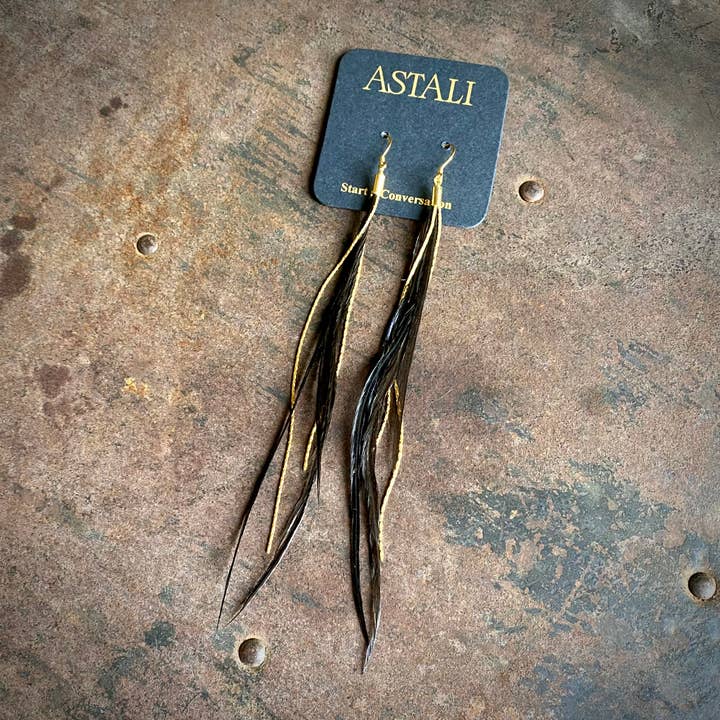 Mini Feather Earrings - Black/Gold, Boho Western Earrings for wholesale by ASTALI