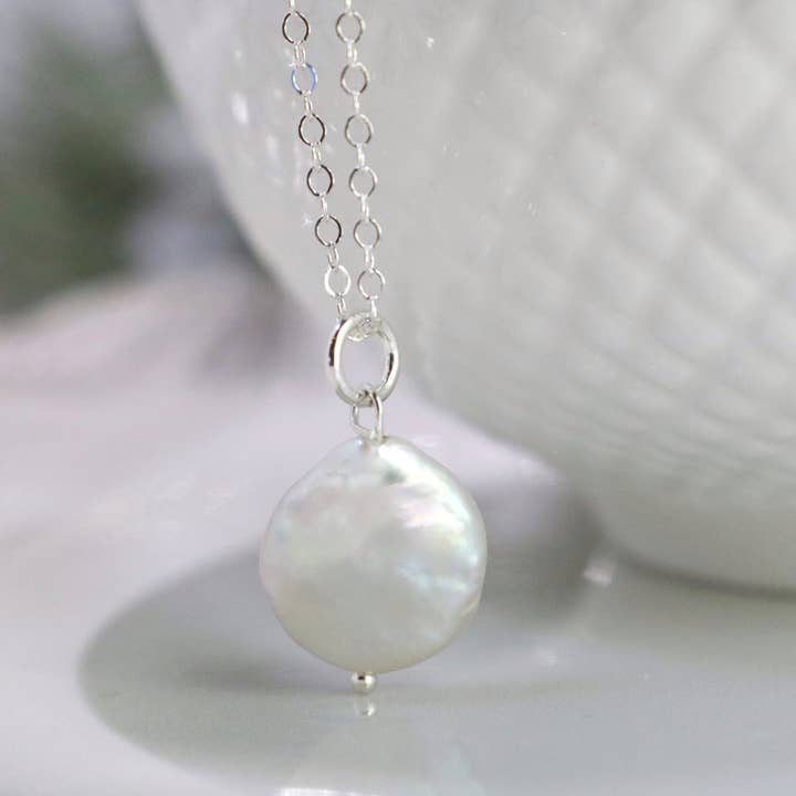 Coin Pearl Necklace - Sterling Silver for wholesale by Tickle Bug Jewelry