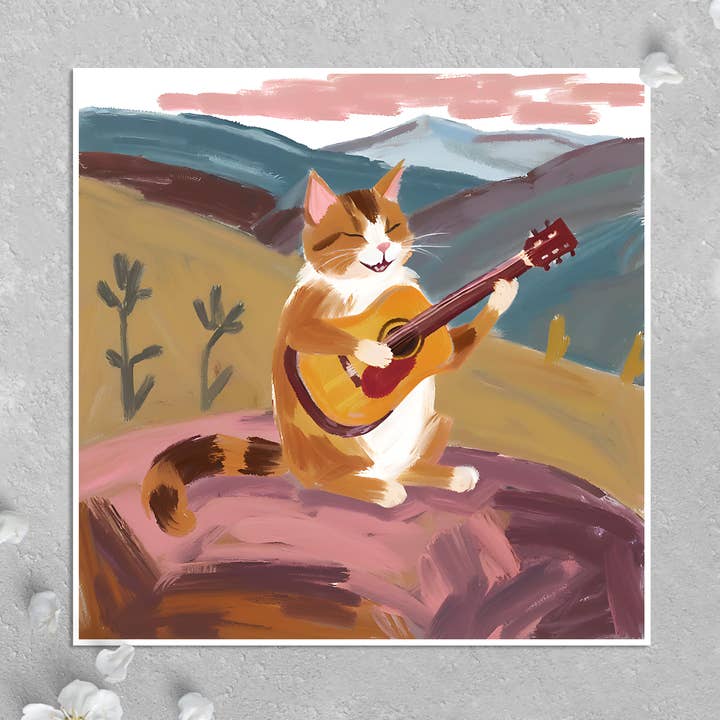 Kort med kattetema: Sjov kat, der spiller guitar i bjergene for engroshandel hos KalooMoon Art
