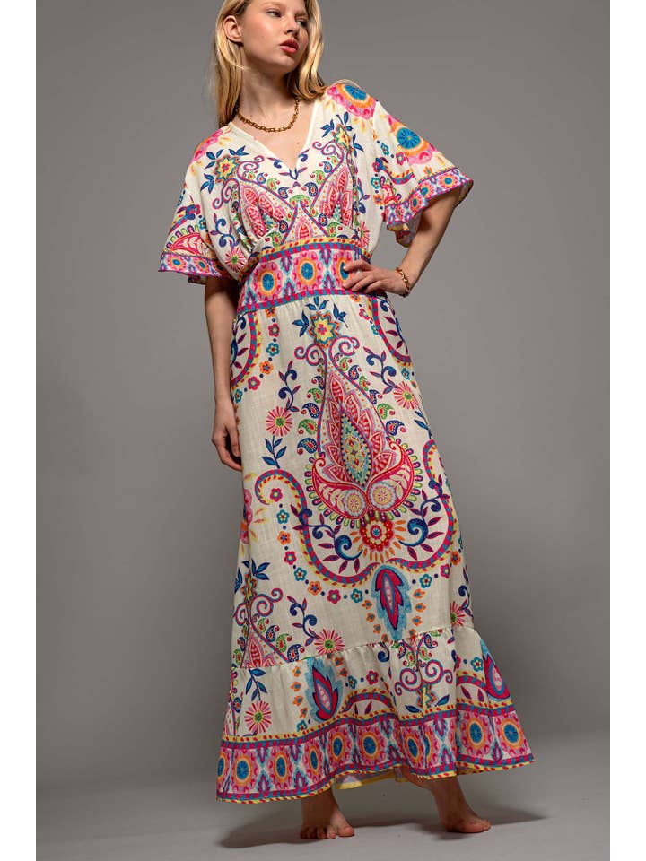 IVORY Oversized Paisley Flutter Sleeve Smocked Dress for wholesale on Faire