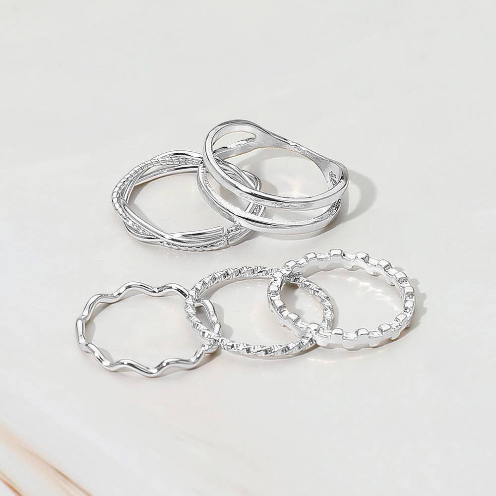 Sensibling Corp. – Conjunto de joias por atacado – 5PCS - Conjunto de Anéis Minimalistas de Metal Empilháveis5