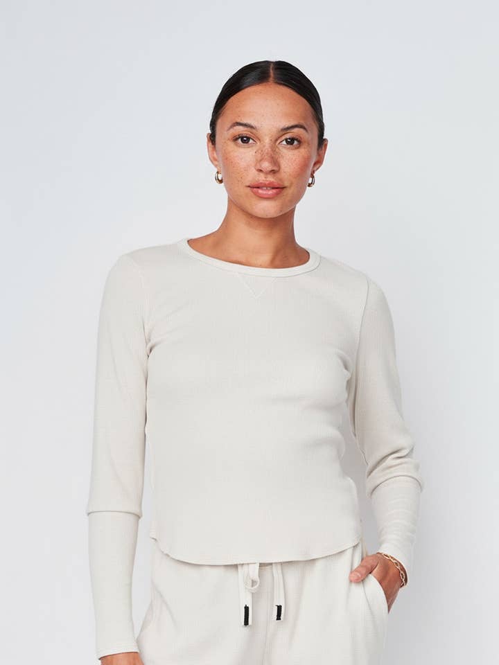 Micro Thermal Raw Hem Pullover in Cream for wholesale by Stateside