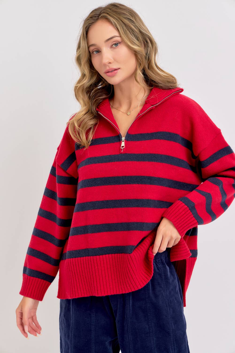 Sweet Lovely by Jen - Wholesale Knit Sweater - Women's - STRIPED ZIP-FRONT OVERSIZED PULLOVER KNIT SWEATER  14