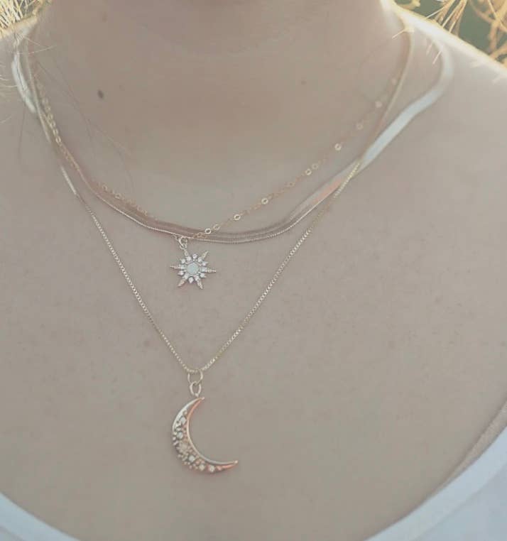 HoopLa - Wholesale Pendant/Charm Necklace - Crescent Moon Opal and Crystal Steel 14K Gold Necklace7