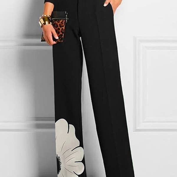 High Waisted Straight Leg Asymmetric Floral Printed Split-Joint Suit Pants for wholesale by Plush Looks