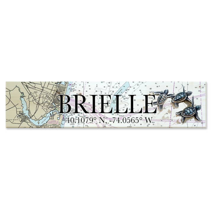 Brielle, NJ 5x24 Inch Wood Map Coordinate Sign-Baby Turtles for wholesale by Map Mom
